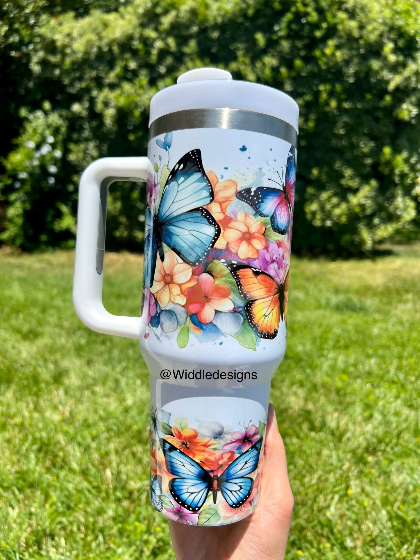 40oz Butterfly Floral Double Insulted Metal Tumbler With Handle and Lid