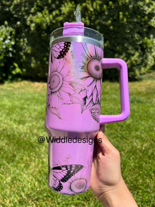 40oz Double insulted butterfly floral shimmer tumbler with handle