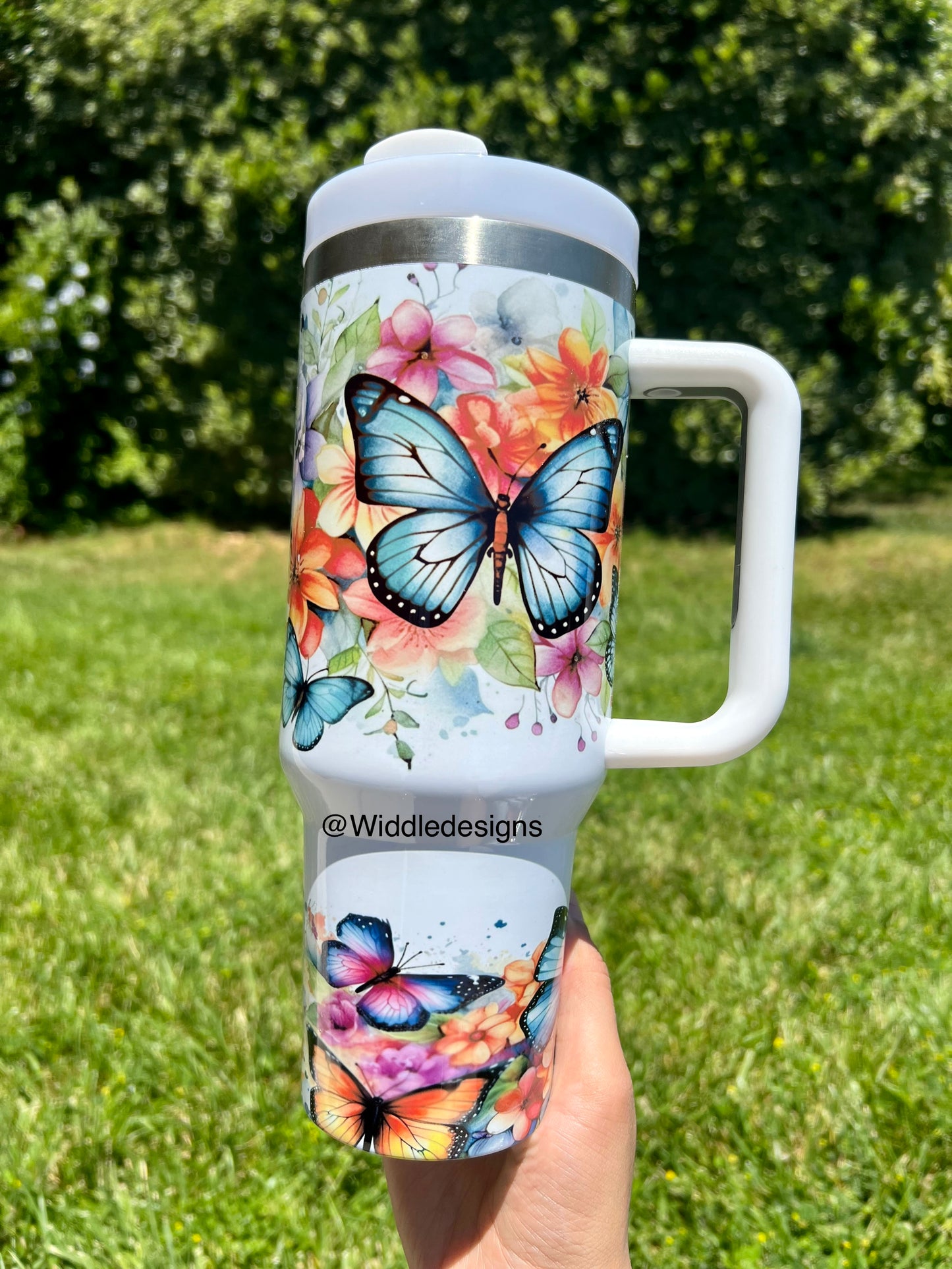 40oz Butterfly Floral Double Insulted Metal Tumbler With Handle and Lid