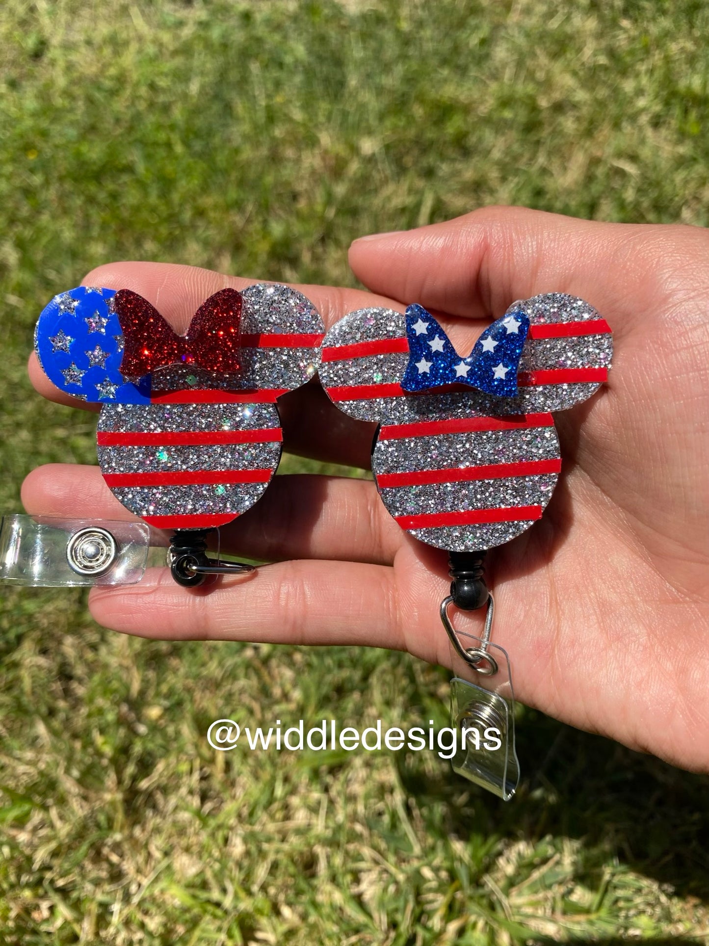 Custom personalized American flag Fourth of July mouse head personalized keychain, custom badge reel