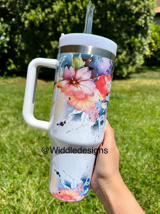 40oz Floral double insulated metal tumbler with handle