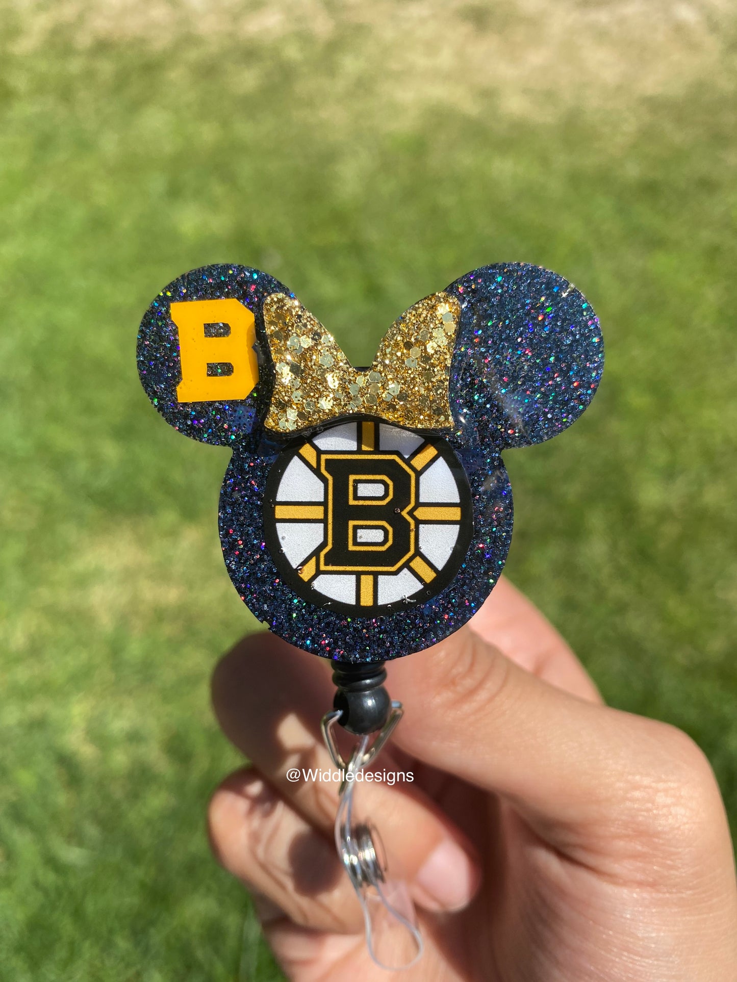 Custom Boston hockey sports team personalized mouse head keychain bag accessory, custom frontline badge reel