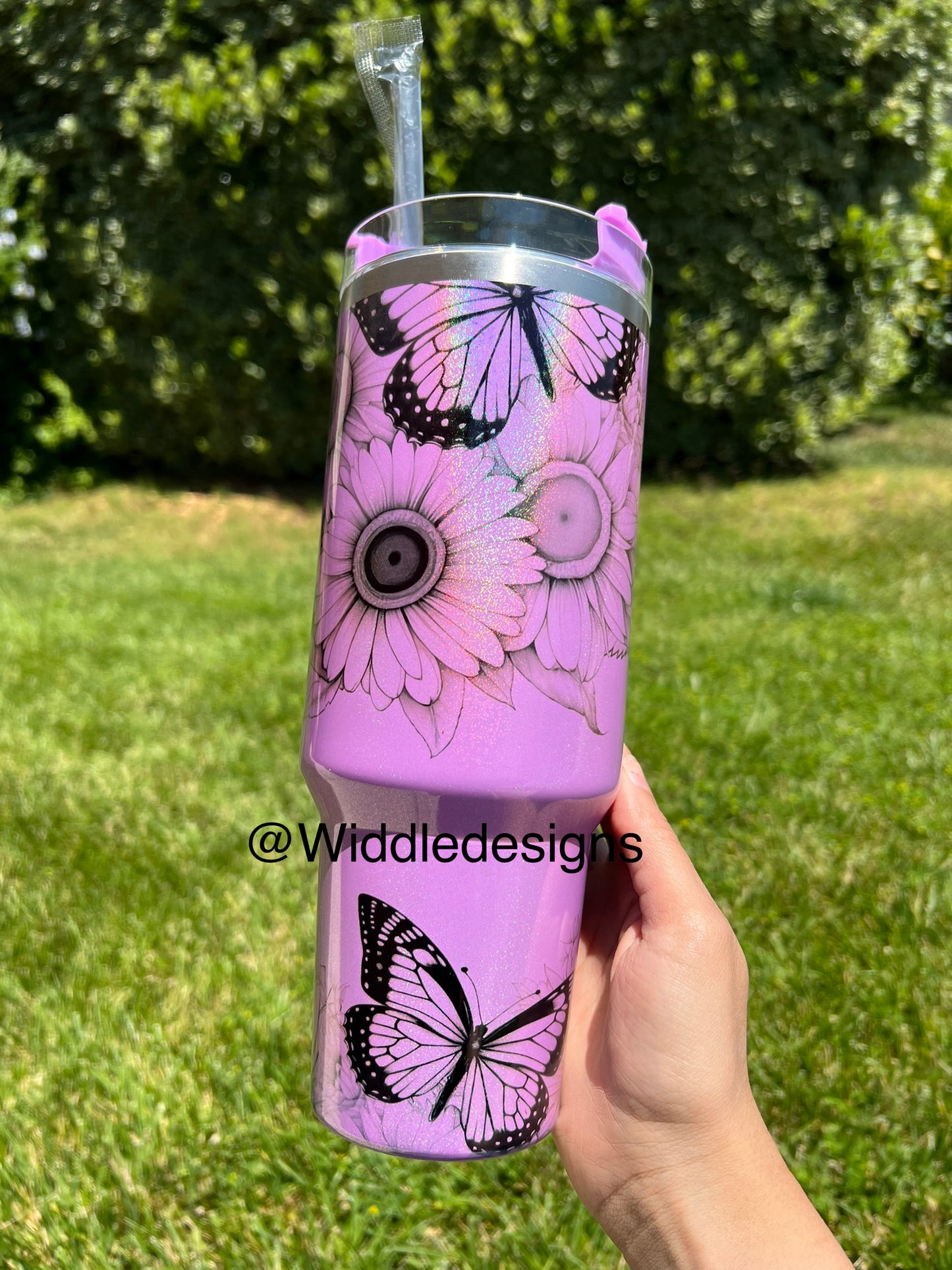 40oz Double insulted butterfly floral shimmer tumbler with handle