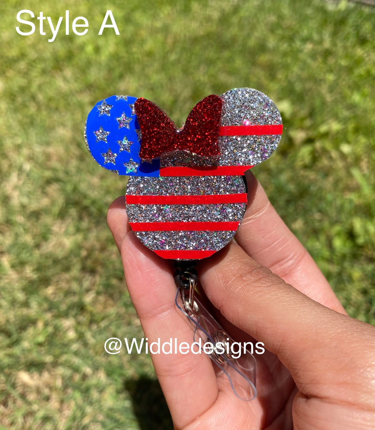 Custom personalized American flag Fourth of July mouse head personalized keychain, custom badge reel