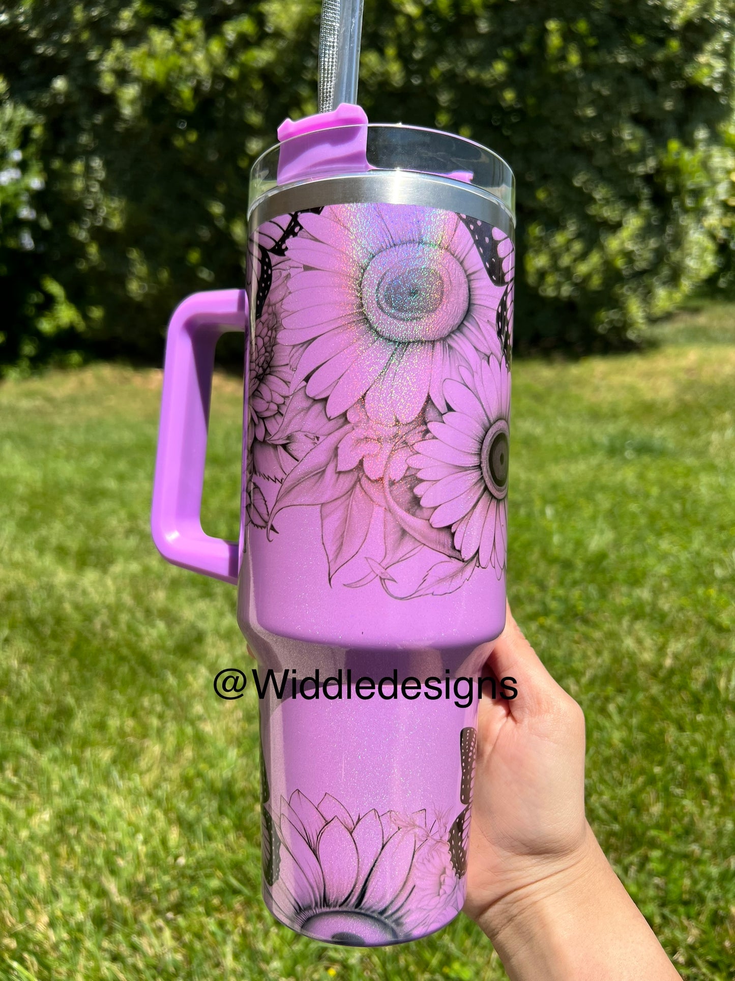 40oz Double insulted butterfly floral shimmer tumbler with handle