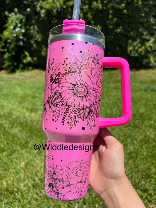 40oz Floral shimmer double insulated tumbler with handle