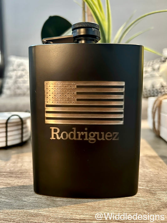 Custom engraved personalized American Flag 8oz matte Flask