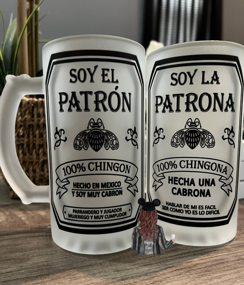 God Parent soy El patron, soy La patrona 16oz frosted beer mug